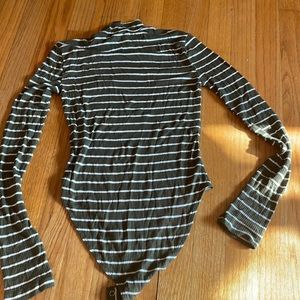 Forever 21 Black and White Striped Long Sleeve Ribbed Bodysuit